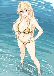 Rule 34 | 1girl, absurdres, ahoge, bikini, blonde hair, blue eyes, bone namu(namu49850), breasts, cleavage, from above, full body, gold bikini, hands on own hips, highres, iowa (kancolle), kantai collection, large breasts, long hair, looking at viewer, navel, solo, swimsuit, wading, water