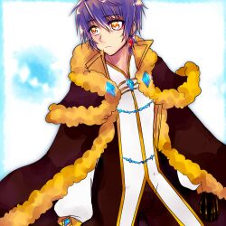 Rule 34 | 1boy, black gloves, blue background, blue gemstone, brown shirt, cape, closed mouth, commentary, cowboy shot, expressionless, fur-trimmed cape, fur trim, gem, gloves, gold trim, hair between eyes, long sleeves, looking afar, male focus, official alternate costume, purple hair, ragnarok online, shirokuro (erisnoa), shirt, short hair, solo, two-tone shirt, warlock (ragnarok online), white shirt, yellow eyes