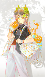 1girl absurdres arknights artist_name black_shirt bracelet brown_hair casual commentary_request cup dated disposable_cup drinking drinking_straw eyewear_on_head highres holding holding_cup jewelry laurel_crown long_hair looking_at_viewer lyuqiu mole mole_under_eye muelsyse_(arknights) orange_eyes pants pointy_ears round_eyewear shadow shirt short_sleeves signature solo sunglasses white_background white_bag white_pants