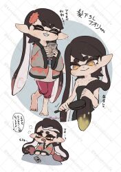 1girl :d bare_shoulders barefoot black_hair blush_stickers breasts brushing_hair bubble callie_(splatoon) capri_pants chibi chibi_inset closed_eyes collarbone commentary_request coula_cat cross-shaped_pupils dot_nose dress drooling eyebrows_hidden_by_hair fang full_body game_boy gradient_hair green_hair grey_robe grin hair_brush hair_ornament half-closed_eyes handheld_game_console head_tilt highres holding holding_hair_brush holding_handheld_game_console holding_own_hair leaf_hair_ornament long_hair messy_hair mole mole_under_eye multicolored_hair multiple_views nintendo open_clothes open_mouth open_robe pants pink_pants pink_robe pointy_ears print_shirt robe shirt sitting sleepy small_breasts smile solo speech_bubble splatoon_(series) strapless strapless_dress striped_bathrobe suction_cups symbol-shaped_pupils tentacle_hair thick_eyebrows translation_request twitter_username upper_body very_long_hair waking_up walking watermark watermark_grid white_shirt wide_sleeves yellow_eyes
