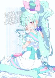 Rule 34 | 1girl, aqua bow, aqua hair, aqua hairband, aqua hat, aqua pantyhose, aqua shoes, aqua sleeves, back bow, bare shoulders, blue background, blue bow, blue choker, blunt bangs, border, bow, bow choker, brown eyes, choker, closed mouth, cure lillian, dot nose, dress, dress bow, earrings, eyelashes, eyes visible through hair, frilled arm warmers, frilled dress, frilled headwear, frilled sleeves, frills, full body, hair over shoulder, hairband, hands on own face, happy, hat, hat bow, high heels, high side ponytail, highres, jewelry, kneeling, lace background, large bow, light blush, long hair, looking at viewer, looking back, magical girl, medium dress, mini hat, mini top hat, multiple earrings, nekoyashiki mayu, off-shoulder dress, off shoulder, outside border, own hands together, pantyhose, pink bow, precure, pumps, serizawa serizane, shoes, short sleeves, shoulder blades, signature, single stripe, smile, solo, sphere earrings, striped background, striped bow, striped sleeves, top hat, twitter username, very long hair, watermark, watermark grid, wavy hair, white arm warmers, white border, white dress, wonderful precure!