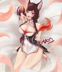 1girl absurdres ahri_(league_of_legends) animal_ears blush breasts brown_hair cleavage fox_ears fox_tail highres kitsune kyriamask league_of_legends long_hair nail_polish non-web_source solo tail