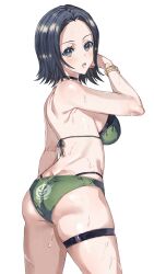 1girl absurdres ass back bare_arms bare_shoulders bikini black_eyes black_hair blue_eyeshadow blush bracelet breasts colored_eyelashes comoli_harcourt cowboy_shot eno_yukimi eyeshadow from_behind green_bikini gundam gundam_gquuuuuux highres jewelry large_breasts looking_at_viewer looking_back makeup multi-strapped_bikini_bottom open_mouth revision short_hair simple_background solo standing string_bikini sweat swimsuit thigh_strap thighs wet white_background