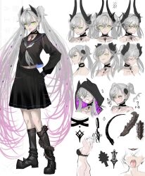 1girl black_boots black_shirt black_skirt boots bra breasts burleciel demon_horns fang fate/grand_order fate_(series) green_eyes highres hood horns lilith_(fate) multicolored_hair pink_hair reference_sheet school_uniform shirt skirt solo tattoo tongue tongue_out twintails two-tone_hair underwear white_hair