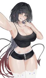 1girl :p alternate_costume animal_ear_legwear animal_ears arm_up armpits black_hair black_shorts black_tank_top blue_eyes breasts cat_ear_legwear cleavage closed_mouth covered_erect_nipples cowboy_shot gradient_hair highres jane_doe_(zenless_zone_zero) large_breasts licking_lips long_hair midriff mouse_ears mouse_girl multicolored_hair no_bra red_hair red_nails s7nsles selfie short_shorts shorts simple_background smile solo tank_top thick_thighs thighhighs thighs tongue tongue_out white_background white_thighhighs wide_hips zenless_zone_zero