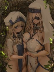 Rule 34 | 2girls, asymmetrical docking, blindfold, blonde hair, blue eyes, breast press, breasts, chain, collar, commentary request, dress, female focus, goblin slayer!, habit, hair between eyes, holding hands, large breasts, letdie1414, long hair, medium breasts, multicolored headwear, multiple girls, navel, one eye covered, priestess (goblin slayer!), sword maiden, torn clothes, white dress