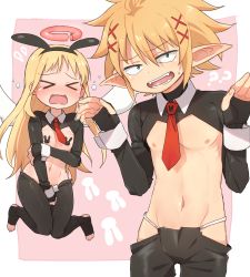 &gt;_&lt; 1boy 1girl 1other angel animal_ears black_shrug blonde_hair breasts broken_halo bunny_pasties collared_shrug covering_crotch covering_privates crimvael crying elf fake_animal_ears fangs fingerless_gloves floating gloves halo ishuzoku_reviewers komiya_harumoto long_hair meme_attire necktie nipples open_mouth pasties pointy_ears rabbit_ears red_neckwear reverse_bunnysuit reverse_outfit shrug_(clothing) small_breasts zel_(ishuzoku_reviewers)