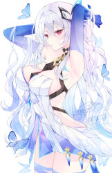 1girl absurdres armpits arms_up blue_butterfly breasts bug butterfly chest_harness commentary cowboy_shot dress elbow_gloves genshin_impact gloves gradient_hair hair_ornament harness highres insect large_breasts long_hair looking_ahead multicolored_hair parted_lips purple_gloves red_eyes simple_background skirk_(genshin_impact) solo tsuyuri_eri white_background white_dress white_hair