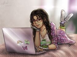 1girl bed bedroom brown_eyes brown_hair computer devilzukin7 glasses highres julia_chang laptop looking_at_viewer lying namco on_stomach plaid_clothes plaid_shirt shirt smile solo tekken tekken_7 the_pose