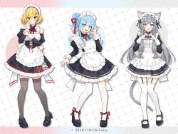Rule 34 | 3girls, :3, alternate costume, animal ear fluff, animal ears, ankle ribbon, apron, back bow, bell, black skirt, black thighhighs, blonde hair, blue eyes, blue hair, blue nails, blunt bangs, blush, bow, bowtie, cat ears, cat girl, cat tail, center frills, clothes lift, colored tips, commentary, company name, copyright notice, corset, cross-laced clothes, cross-laced corset, cross-laced skirt, crossed bangs, double finger heart, enmaided, fine fabric emphasis, finger heart, fingernails, framed breasts, frilled apron, frilled skirt, frills, full body, garter belt, green eyes, grey hair, grey nails, hair bow, hair bun, hair ornament, heart, heart hands, holoh3roes, hololive, hololive indonesia, jingle bell, juliet sleeves, kaela kovalskia, kobo kanaeru, layered skirt, leg ribbon, loafers, long hair, long sleeves, looking at viewer, maid, maid apron, maid headdress, mary janes, moe moe kyun!, multicolored hair, multiple girls, nail polish, off shoulder, official art, ok sign, patterned background, penny loafers, plaid bow, plaid bowtie, plaid clothes, pleated skirt, puffy sleeves, puunyannyan, red eyes, red nails, ribbon, shoes, short hair, sidelocks, single hair bun, skirt, skirt hold, sleeve cuffs, smile, standing, tail, teeth, thighhighs, vestia zeta, virtual youtuber, white thighhighs