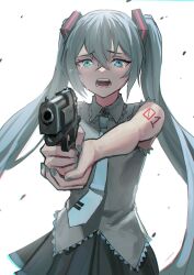 1girl aiming aiming_at_viewer bare_shoulders black_skirt blue_eyes blue_hair blue_nails blue_necktie blue_trim chromatic_aberration collared_shirt commentary commentary_typo cowboy_shot crying crying_with_eyes_open cupping_hand double-parted_bangs english_commentary finger_on_trigger floating_clothes floating_hair flying_teardrops frilled_shirt frilled_shirt_collar frills furrowed_brow grey_shirt gun hair_between_eyes hair_ornament half-closed_eyes handgun hands_up hatsune_miku highres holding holding_gun holding_weapon long_eyelashes long_hair looking_at_viewer necktie number_tattoo open_mouth outstretched_arms shirt shoulder_tattoo sidelocks skirt sleeveless sleeveless_shirt solo streaming_tears tattoo tears teeth thick_eyelashes twintails vertigris very_long_hair vocaloid weapon white_background wind