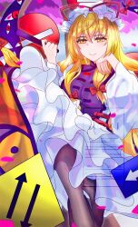 Rule 34 | absurdres, blonde hair, bow, cherry blossoms, folding fan, gap (touhou), hair bow, hand fan, hat, hat ribbon, highres, hirwannew, mob cap, perfect cherry blossom, purple tabard, ribbon, road sign, sign, stop sign, tabard, touhou, triangular headpiece, trigram, yakumo yukari