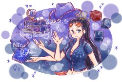1girl black_hair blue_eyes blue_shirt book commentary_request cowboy_hat cropped_jacket devil_fruit_power extra_arms eyewear_on_head hair_slicked_back happy_birthday hat highres koggnd11 long_hair looking_at_viewer navel nico_robin one_piece orange-tinted_eyewear poneglyph shirt short_sleeves sidelocks smile tinted_eyewear upper_body