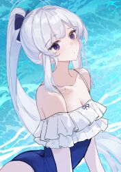 1girl absurdres blue_archive blue_halo blue_one-piece_swimsuit casual_one-piece_swimsuit frilled_one-piece_swimsuit frills halo highres miyako_(blue_archive) miyako_(swimsuit)_(blue_archive) off-shoulder_one-piece_swimsuit off_shoulder official_alternate_costume one-piece_swimsuit ponytail purple_eyes reiami solo swimsuit two-tone_one-piece_swimsuit white_hair