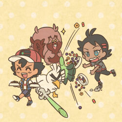 Rule 34 | + +, 2boys, ^ ^, antenna hair, ash ketchum, baseball cap, black hair, black pants, blue eyes, blue shoes, blue shorts, blue vest, bowl, bright pupils, buck teeth, chibi, closed eyes, closed mouth, commentary request, dark-skinned male, dark skin, eyelashes, food, gen 8 pokemon, goh (pokemon), greedent, grey shirt, grey shoes, hat, holding, holding food, holding shield, holding spring onion, holding sword, holding vegetable, holding weapon, male focus, mojacookie, motion lines, multiple boys, nintendo, official art, open clothes, open mouth, open vest, pants, pet bowl, pokemon, pokemon (anime), pokemon journeys, polka dot, polka dot background, red hat, red socks, rock, second-party source, shield, shirt, shoes, short hair, short sleeves, shorts, sirfetch&#039;d, smile, socks, spilling, spring onion, sweatdrop, sword, teeth, thick eyebrows, tripping, upper teeth only, v-shaped eyebrows, vegetable, vest, walking, weapon, white pupils, white shirt