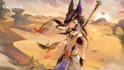 1boy cyno_(genshin_impact) desert genshin_impact highres holding holding_weapon looking_at_viewer official_art sand solo solo_focus weapon