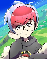Rule 34 | 1girl, blue hair, blue sky, closed mouth, commentary, day, english commentary, eyelashes, glasses, grass, grey hoodie, head rest, highres, hood, hood down, hoodie, looking at viewer, multicolored hair, nintendo, outdoors, outline, penny (pokemon), pokemon, pokemon sv, portrait, red hair, round eyewear, short hair, short sleeves, siczak, signature, sky, solo, two-tone hair, very short hair