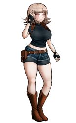 Rule 34 | 1girl, alternate costume, belt, black gloves, black tank top, blunt bangs, boots, breasts, brown belt, brown boots, brown hair, claire redfield, claire redfield (cosplay), commentary, cosplay, danganronpa (series), danganronpa 2: goodbye despair, denim, denim shorts, english commentary, fingerless gloves, flipped hair, full body, gloves, hair ornament, high heel boots, high heels, highres, ktokei (kurokku-tokei), large breasts, looking at viewer, midriff, nanami chiaki, navel, official style, resident evil, resident evil 2, shirt, short shorts, shorts, simple background, solo, spaceship hair ornament, tank top, white background