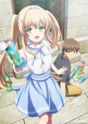 1boy 1girl black_shirt blonde_hair blue_ribbon blue_skirt brown_eyes brown_hair chips_(food) closed_mouth collared_shirt copyright_notice food green_eyes hair_ornament highres key_visual long_hair looking_at_viewer neck_ribbon official_art open_door open_mouth pants potato_chips pringles_can promotional_art ribbon shirt short_hair short_sleeves sitting skirt standing stone_floor stone_wall summer_pockets takahara_hairi tsumugi_wenders twintails white_shirt x_hair_ornament yoga_pants