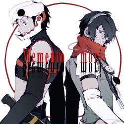 2boys black_hair blue_eyes closed_mouth cosplay detached_sleeves from_side headphones headphones_around_neck holstered long_sleeves looking_back male_focus mochizuki_ryouji mole mole_under_eye multiple_boys orpheus_(persona) orpheus_(persona)_(cosplay) p9_0519 parted_bangs persona persona_3 profile red_scarf scarf smile teeth thanatos_(persona) thanatos_(persona)_(cosplay) weapon white_background yuuki_makoto_(persona_3)