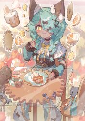 1girl :3 :t animal_ear_fluff animal_ears arm_warmers black_bow black_choker blue_dress blue_socks blush borrowed_character bow bowtie braid cake cake_slice cat cat_ears chair choker closed_mouth commission cup dress eating feet_out_of_frame food fork frilled_arm_warmers frills fruit green_hair hair_bow hair_ornament hand_up holding holding_fork long_hair looking_at_viewer missing_commentary orange_(fruit) orange_slice original plate short_sleeves sitting skeb_commission smile socks solo table teacup tsukumi_bis twin_braids wrench x_hair_ornament yellow_bow yellow_bowtie yellow_eyes