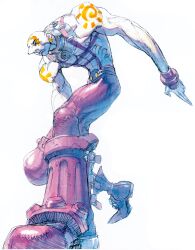 1boy bald colored_skin earrings facepaint facial_tattoo from_below game_cg highres jewelry long_nose male_focus necro_(street_fighter) nishimura_kinu no_pupils non-web_source official_art solo street_fighter street_fighter_iii_(series) tattoo white_skin yellow_eyes