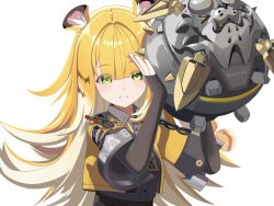 Rule 34 | 1girl, absurdres, animal ears, black gloves, black shirt, blonde hair, blunt bangs, closed mouth, collared shirt, cropped jacket, elbow gloves, fang, fingerless gloves, gloves, green eyes, highres, hu wei (zenless zone zero), jacket, ju fufu, long hair, multicolored hair, riarts16, shirt, smile, solo, tiger ears, tiger girl, two-tone hair, white background, white hair, yellow jacket, zenless zone zero