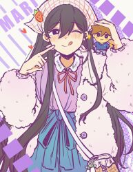 Rule 34 | 1girl, absurdres, alternate costume, bag, bailan1130, black eyes, black hair, blush, character doll, character name, closed mouth, doll, handbag, headscarf, heart, hero (faraway) (omori), hero (omori), highres, holding, holding stuffed toy, jacket, long sleeves, looking at viewer, mari (birthday) (omori), mari (faraway) (omori), mari (omori), official alternate costume, omori, one eye closed, smile, solo, stuffed toy, tongue, tongue out, white headscarf