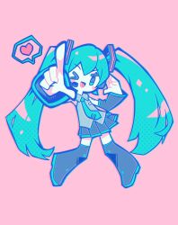 &gt;_o 1girl ;d aqua_eyes aqua_hair aqua_necktie bare_shoulders black_skirt black_sleeves black_thighhighs blush_stickers collared_shirt commentary deformed detached_sleeves english_commentary grey_shirt hair_ornament hatsune_miku heart l_hand long_hair necktie one_eye_closed open_mouth parororo pink_background pleated_skirt shirt skirt sleeveless sleeveless_shirt smile solo spoken_heart thighhighs tie_clip twintails very_long_hair vocaloid w