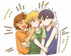Rule 34 | 3boys, aged down, alternate costume, antenna hair, bailan1130, basil (faraway) (omori), basil (omori), black eyes, black hair, black tank top, blonde hair, blue eyes, blush, bright pupils, brown hair, closed eyes, closed mouth, dark-skinned male, dark skin, double-parted bangs, flower, green overalls, green shirt, hair flower, hair ornament, hand on another&#039;s shoulder, highres, kel (faraway) (omori), kel (omori), looking at another, lower teeth only, male focus, multiple boys, omori, one eye closed, open mouth, orange shirt, overalls, shirt, short hair, short sleeves, smile, sunny (omori), t-shirt, tank top, teeth, white pupils