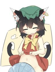 1girl animal_ears blush_stickers chen closed_eyes clothes_lift dress dress_lift electric_fan fanning_crotch highres lifting_own_clothes loli multiple_tails navel ro_74 solo stomach sweat tail touhou two_tails