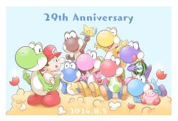 1boy 6+others anniversary aogaeru_(pixiv46613656) arms_up baby baby_mario blue_footwear blue_skin blue_yoshi boots border brown_hair brown_yoshi colored_skin dated egg english_text food fruit green_skin hat highres licking_lips light_blue_yoshi mario mario_(series) melon multicolored_skin multiple_others nintendo open_mouth outside_border pink_skin pink_yoshi purple_footwear purple_skin purple_yoshi red_footwear red_hat red_skin red_yoshi short_hair star_(yoshi&#039;s_island) super_mario_world_2:_yoshi&#039;s_island tongue tongue_out two-tone_skin white_border white_skin yellow_boots yellow_skin yellow_yoshi yoshi yoshi_egg