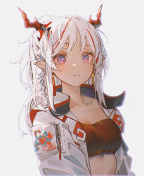 1girl arknights blush braid breasts collarbone highres jacket long_hair looking_at_viewer midriff_peek nian_(arknights) openvl pointy_ears ponytail red_eyes red_tube_top small_breasts strapless tube_top white_background white_hair