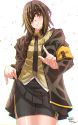 absurdres armband black_jacket black_necktie black_pants black_skirt blunt_bangs braid brown_eyes brown_hair commission eyepatch girls&#039;_frontline headset highres hood hooded_jacket jacket long_hair long_sleeves looking_at_viewer m16a1_(girls&#039;_frontline) mole mole_under_eye multicolored_hair necktie pants scar scar_across_eye scar_on_face shirt simple_background skeb_commission skirt smile solo yellow_armband yellow_shirt yomo