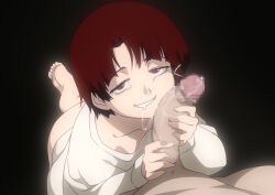 1boy 1girl bad_tag barefoot black_background brown_eyes brown_hair censored collarbone commentary feet grin hetero iwakura_lain jcm2 kneeling kneeling_female loli long_sleeves looking_at_viewer mosaic_censoring naughty_face penis saliva serial_experiments_lain shirt short_hair simple_background smile soles solo solo_focus toes white_shirt