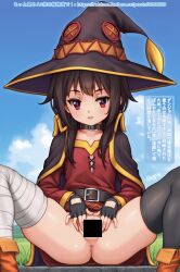 bandaged bar_censor belt blush censored change_in_common_sense exhibitionism fingerless highres kono_subarashii_sekai_ni_shukufuku_wo! loli masturbation megumin no public_indecency pussy pussy_juice rahime single spread_pussy thighhighs witch