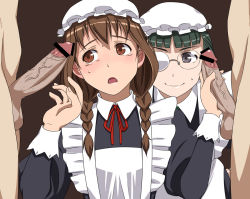 10s 2boys 2girls apron blush braid brown_eyes brown_hair censored clothed_female_nude_male d: enterbrain erection facejob glasses green_hair handjob hat maid maid-chou_(maoyuu) maid_ane_(maoyuu) maid_apron maoyuu_maou_yuusha mob_cap multiple_boys multiple_girls multiple_penises nude opaque_glasses open_mouth penis penis_awe penis_on_face penis_on_head puge simple_background smile sweat teamwork testicles twin_braids veins veiny_penis