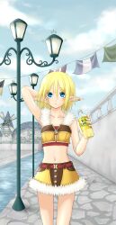 1girl absurdres armpits banner belt blonde_hair blue_eyes blue_sky brown_shirt brown_skirt c.c._lemon canal closed_mouth cloud cobblestone cowboy_shot crop_top day earrings expressionless flat_chest fur-trimmed_shirt fur-trimmed_skirt fur_trim hair_between_eyes highres in-universe_location jewelry koyuki.a lamppost midriff navel outdoors pointy_ears ragnarok_online red_belt shirt short_hair skirt sky sleeveless sleeveless_shirt sniper_(ragnarok_online) solo two-tone_shirt two-tone_skirt water windmill yellow_shirt yellow_skirt