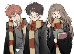 1girl 2boys animification antenna_hair black-framed_eyewear black_coat blue_eyes blush book brown_hair closed_eyes closed_mouth coat collared_shirt cowboy_shot glasses green_eyes grey_sweater gryffindor hand_up harry_potter harry_potter_(series) hermione_granger highres hime_cut hogwarts_school_uniform hoithoit915 holding holding_book index_finger_raised lightning_bolt_symbol long_hair long_sleeves looking_at_another multiple_boys necktie open_clothes open_coat open_mouth puffy_long_sleeves puffy_sleeves red_hair red_necktie red_scarf ron_weasley round_eyewear scarf school_uniform shirt short_hair simple_background standing striped_clothes striped_necktie striped_scarf sweater teeth v-shaped_eyebrows wavy_hair white_background white_shirt wide_sleeves wizarding_world yellow_scarf