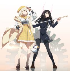 2girls absurdres adapted_costume beret black_hair black_pantyhose blonde_hair blue_dress breasts coat crossover dress grey_dress hat highres hololive inoue_takina long_hair long_sleeves lycoris_recoil lycoris_uniform multiple_girls nishikigi_chisato open_clothes open_coat pantyhose pleated_dress short_hair simple_background skirt standing subaru_duck two-tone_dress washu_junkyu white_background yellow_coat yellow_hat yellow_skirt