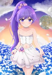1girl absurdres bare_shoulders blurry blurry_background blurry_foreground blush choker collarbone depth_of_field flower full_moon hair_flower hair_ornament highres jewelry jinjin_(jenejin) long_hair looking_at_viewer moon navel ongeki outdoors petals ponytail purple_eyes purple_hair skirt skirt_hold sky smile solo takase_rio very_long_hair water