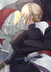 Rule 34 | absurdres, black cape, blonde hair, braid, cape, crown braid, duchess (elden ring), dutch angle, elden ring, elden ring nightreign, gloves, hair ornament, highres, holding, holding sword, holding weapon, indoors, red cape, risumi (taka-fallcherryblossom), short hair, sword, upper body, weapon, white gloves