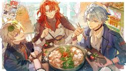 3boys antenna_hair argenti_(honkai:_star_rail) aventurine_(honkai:_star_rail) black_choker black_gloves black_jacket black_shirt blonde_hair blue_eyes bowl choker chopsticks coat coat_on_shoulders collared_shirt commentary_request copyright_name eyewear_on_head fur-trimmed_coat fur_trim gloves green_eyes guest_art holding holding_bowl holding_chopsticks honkai:_star_rail honkai_(series) jacket lapels male_focus mebaru multicolored_eyes multicolored_hair multiple_boys necktie official_alternate_costume official_art open_clothes open_jacket parted_bangs phainon_(honkai:_star_rail) pink_eyes purple_eyes red_hair red_necktie shirt short_hair sleeves_rolled_up streaked_hair turtleneck two-tone_eyes white_coat white_hair white_shirt