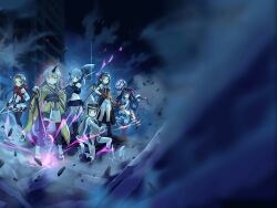 6+girls armlet artist_request asymmetrical_skirt axe bare_shoulders battle_axe belt black_belt black_coat black_footwear black_gloves black_hair black_hairband black_hat black_horns black_ribbon black_shirt black_skirt black_thighhighs blonde_hair blue_cape blue_eyes blue_hair blue_vest boots brown_hair brown_kimono building cable cape chizu_ranka circlet clenched_hand closed_mouth club club_(weapon) coat coattails collared_coat colored_tips crop_top debris detached_sleeves dot_nose dragon_horns dust embers empty_eyes expressionless fake_horns fighting_stance fire flame_print frilled_shirt frilled_skirt frilled_thighhighs frills full_body fur-trimmed_cape fur-trimmed_sleeves fur_trim game_cg gem gloves grey_eyes grey_hair grey_shirt grey_sleeves gun hair_between_eyes hairband hand_on_own_chest hand_on_own_hip haori hat hat_feather high_collar holding holding_axe holding_club holding_gun holding_sword holding_weapon hood hood_down hooded_jacket horn_hairband horns jacket japanese_clothes jewelry kasane_ao kimono kirari_hikaru knee_boots kureha_yuna layered_legwear long_hair long_sleeves magia_record:_mahou_shoujo_madoka_magica_gaiden magical_girl mahou_shoujo_madoka_magica mechanical_arms medium_hair medium_skirt multicolored_hair multiple_belts multiple_girls night night_sky official_art okobo on_one_knee one_side_up ooba_juri orange_eyes orange_hair outdoors over_shoulder pantyhose parted_lips platform_sandals pleated_skirt ponytail puffy_short_sleeves puffy_sleeves red_eyes red_gemstone red_jacket red_thighhighs ribbon ribbon-trimmed_thighhighs ribbon_trim robe sandals shako_cap shirt shoe_belt shoes short_hair short_kimono short_shorts short_sleeves shorts single_horn single_mechanical_arm skirt skirt_set sky sleeveless sleeveless_coat sleeveless_jacket sleeveless_shirt smile sneakers socks spiked_club standing suzuka_sakuya sword tabi tareme thighhighs tsurime twintails two-sided_fabric two-sided_skirt very_long_hair vest waist_ribbon wavy_hair weapon weapon_over_shoulder weapon_request white_footwear white_pantyhose white_shirt white_shorts white_skirt white_socks white_thighhighs wide_sleeves yellow_eyes yellow_robe zipper