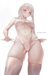 1girl artist_name bare_shoulders blush breasts center_opening closed_mouth commentary commission contrapposto detached_sleeves english_commentary from_below gluteal_fold highres kana_yukino large_breasts leotard long_hair long_sleeves looking_at_viewer looking_down navel original ponytail red_eyes sidelocks simple_background skindentation solo sweat thighhighs white_background white_hair white_leotard white_thighhighs