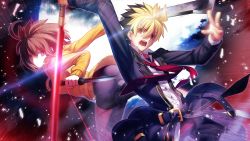 ass bike_shorts black_hair blonde_hair brown_hair french-bread highres kido_hyde knife linne_(under_night_in-birth) multicolored_hair necktie purple_eyes red_eyes sweater sword takeuchi_takashi two-tone_hair under_night_in-birth weapon