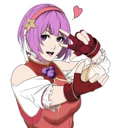 1girl asamiya_athena bow breasts collar dress female_focus fingerless_gloves food gloves hairband heart highres hsiao__yeh hsiao_yeh jewelry large_breasts looking_at_viewer open_mouth peace_symbol purple_eyes purple_hair short_hair smile star_(symbol) the_king_of_fighters