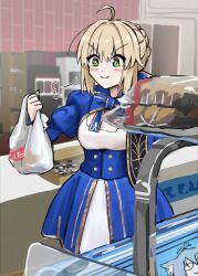 Rule 34 | 1girl, ahoge, artoria pendragon (fate), blonde hair, blue bow, blue bowtie, blue dress, blush, bow, bowtie, braid, closed mouth, commentary, dress, fate/stay night, fate/unlimited blade works, fate (series), food, green eyes, hair between eyes, highres, honkai: star rail, honkai (series), indoors, juliet sleeves, long sleeves, neco-arc, notonaon, official alternate costume, photo-referenced, puffy sleeves, saber (fate), saber (honkai: star rail) (fate), smile, solo, symbol-shaped pupils, tsukihime, two-tone dress, white dress