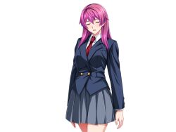 Rule 34 | 1girl, blazer, blue jacket, blush, buttons, closed eyes, collared shirt, cowboy shot, game cg, gentle sasaki, grey skirt, jacket, long hair, long sleeves, necktie, non-web source, official art, open mouth, pink hair, pleated skirt, pocket, purple hair, red necktie, school uniform, shindou hatsune, shirt, skirt, solo, soukou senki prism reica, standing, transparent background, white shirt