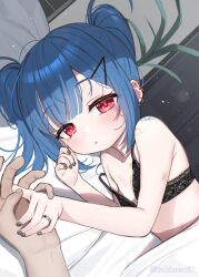1boy 1girl bed black_bra blue_hair blush bra breasts commentary_request dutch_angle ear_piercing grey_nails hair_ornament hairclip hand_up hetero highres indoors jewelry kanae_(tsukiman) loli long_hair looking_at_viewer lying nail_polish on_side original parted_lips piercing pillow red_eyes ring small_breasts solo_focus strap_slip tsukiman twintails under_covers underwear underwear_only upper_body